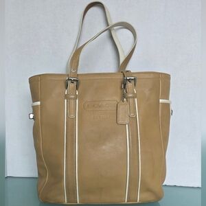 COACH Tan Leather Tote Bag with White Trim